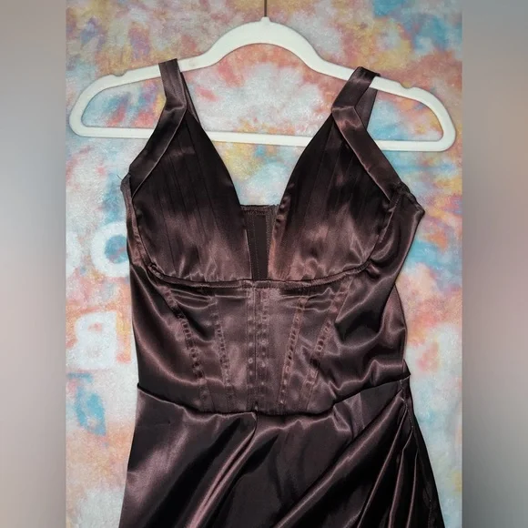 Sleek Brown Satin Corset Dress - Picture 3 of 5
